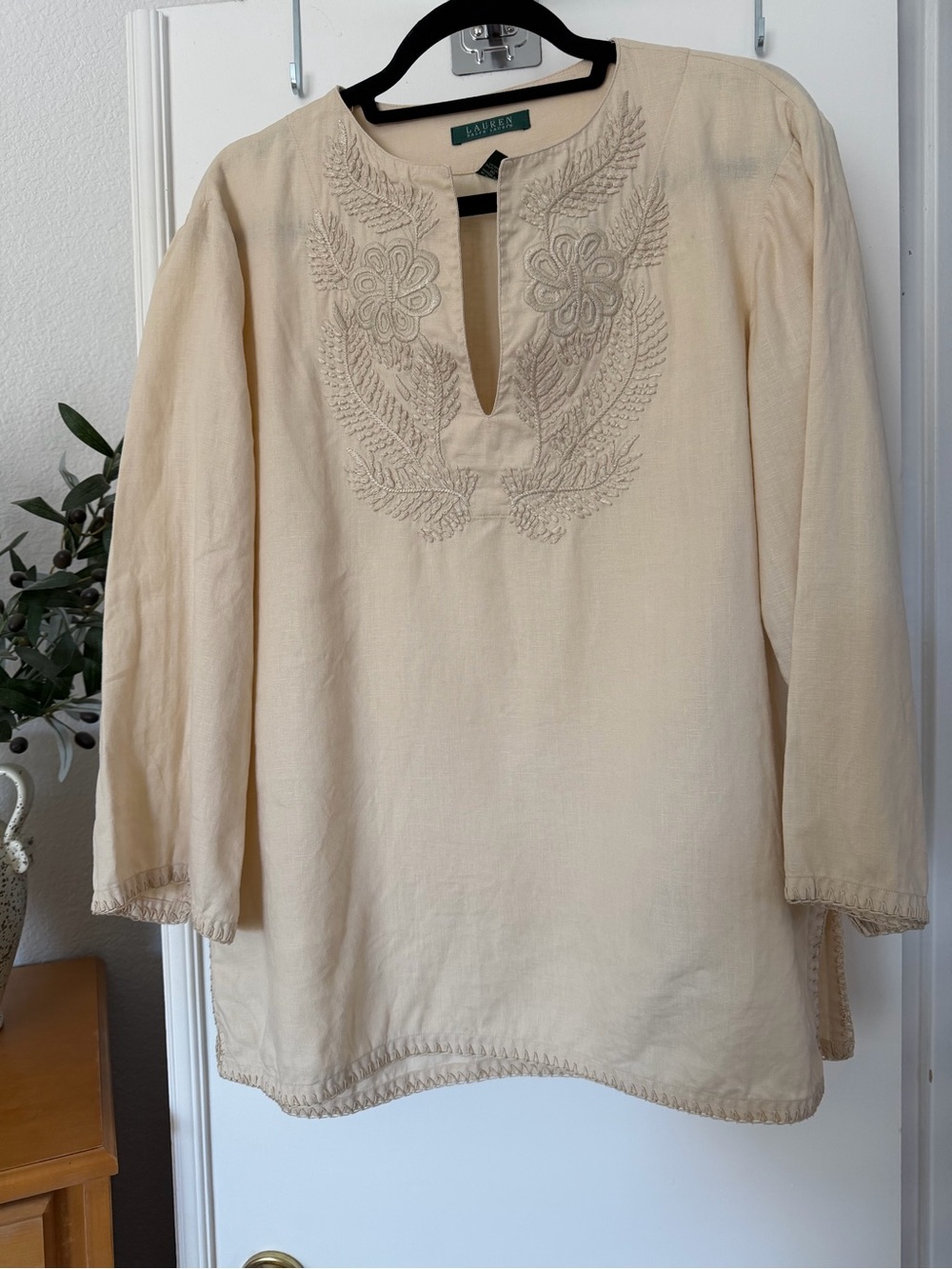 Ralph Lauren Cream Embroidered Long-Sleeve Tunic Top
